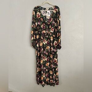 Oddy Maxi Dress Size 3X Plus Size Black Multi Floral Long Sleeve Button Down NWT